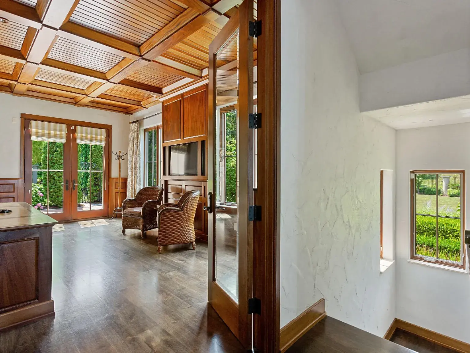 custom ceiling box beams with mahogany hardwood by BradleyBuilt