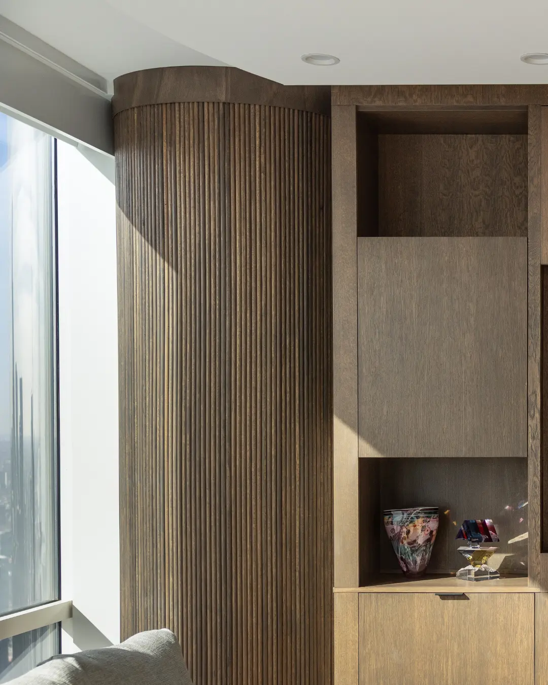 reeded custom white oak column wrap