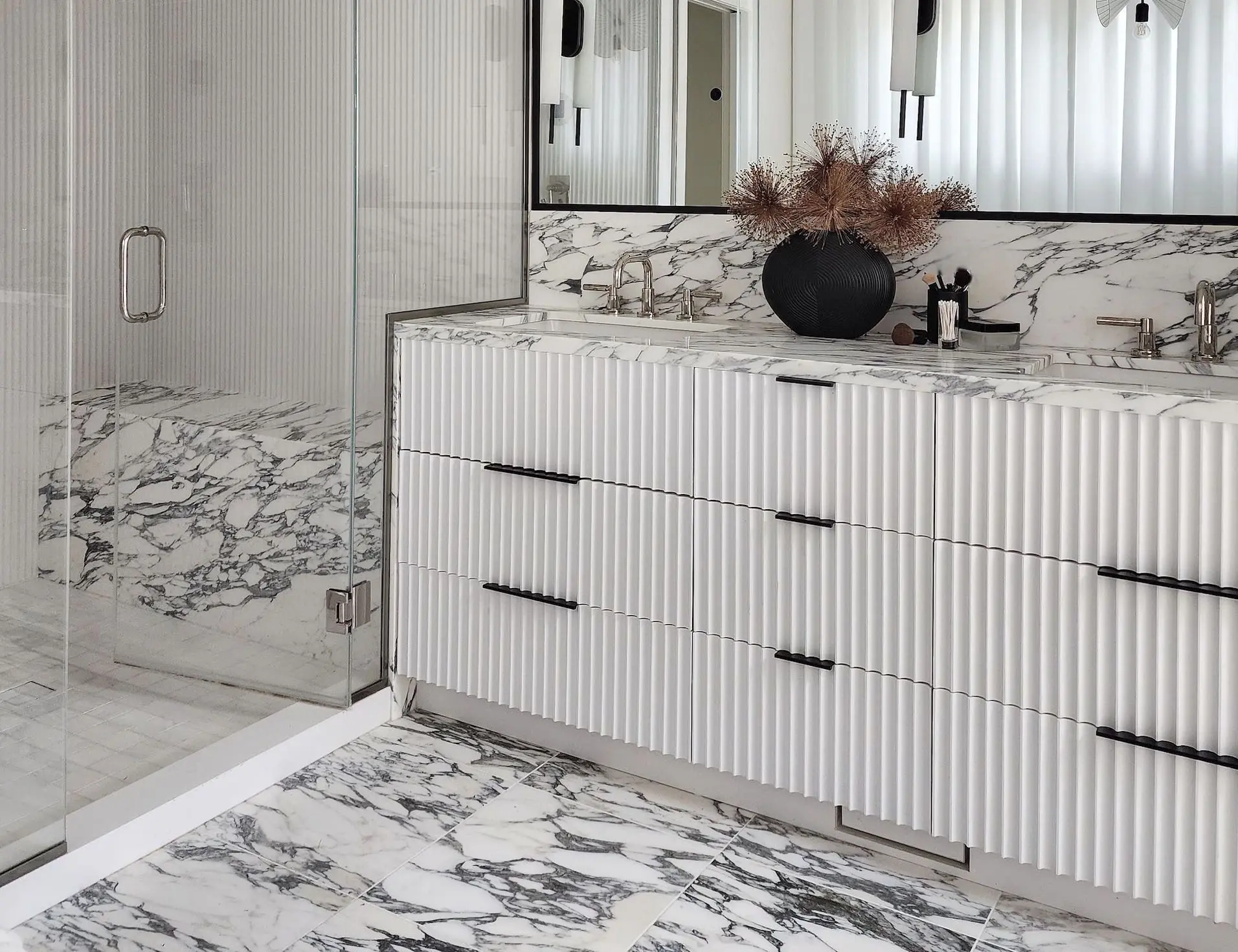 Fluted woodworking for a double vanity 