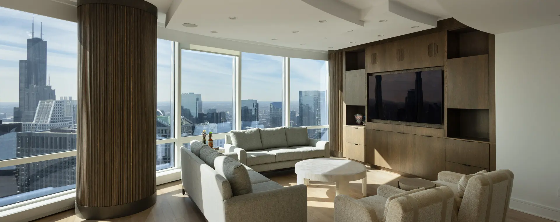 BradleyBuilt rift oak media wall cabinetry in River North