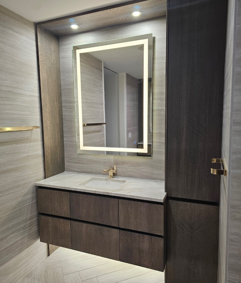 River North custom vanity in white oak with a stain
