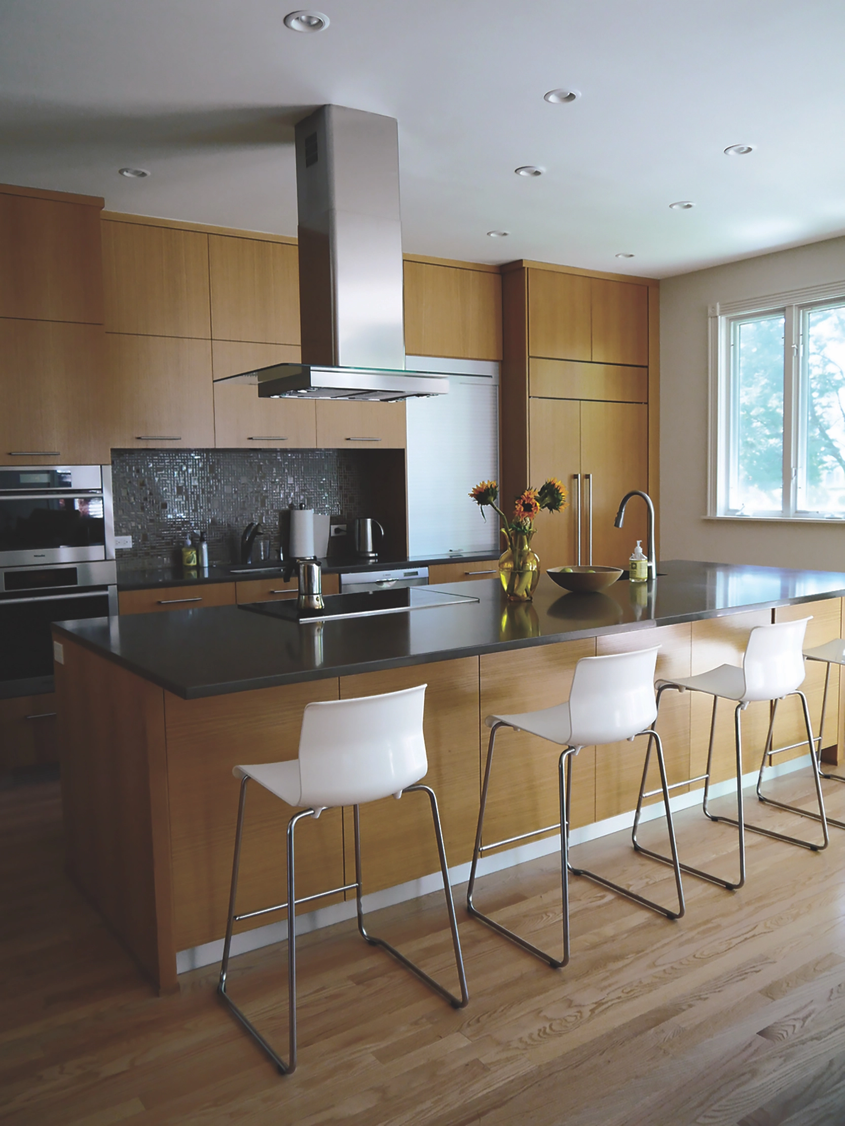 Wilmette custom kitchen with rift white oak and livingroom built-ins by BradleyBuilt